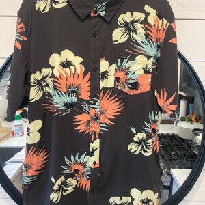 RVCA Men's Slim Fit Short Sleeve Stretch Woven Button-Up Shirt – Black I Large